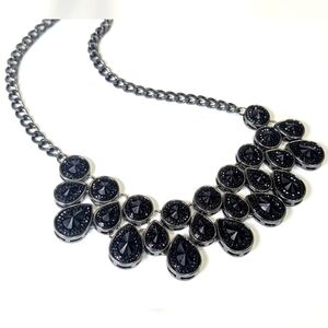 Black Teardrop Crystal Bib Statement Necklace, Dark Gunmetal, 16-19" New